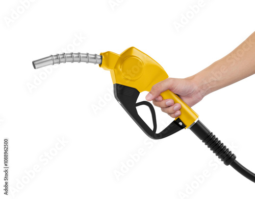 Hands holding Fuel yellow nozzle, transparent background