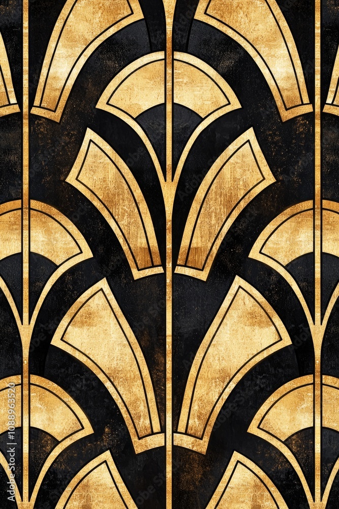 Repeating gold and black geometric patterns in an Art Deco style, ideal for luxurious or vintage-themed projects. 