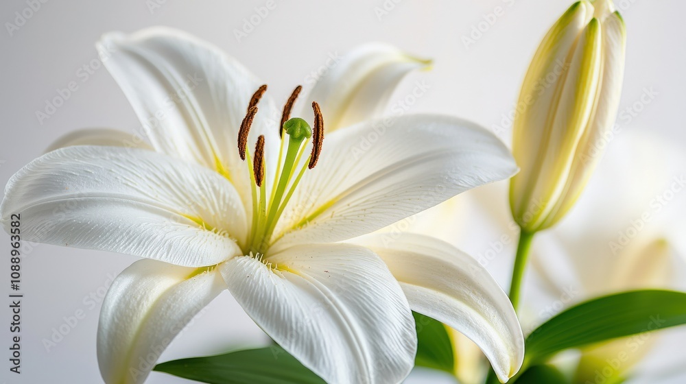 Obraz premium A delicate white lily flower with a budding bloom, showcasing its elegant petals and vibrant green leaves against a soft background.