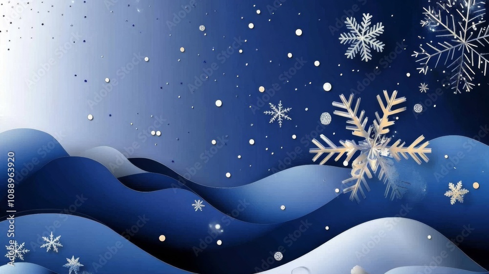 abstract background made from paper cut. Copy space over paper. paper layer shape are snowflakes, larch tree and snow, snowflakes with snow mountain in background, in winter season concept high detail