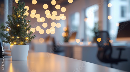 Christmas holiday at work, Festive decorated modern white office with blurred bokeh lights, Modern office interior during holidays, AI generated photo