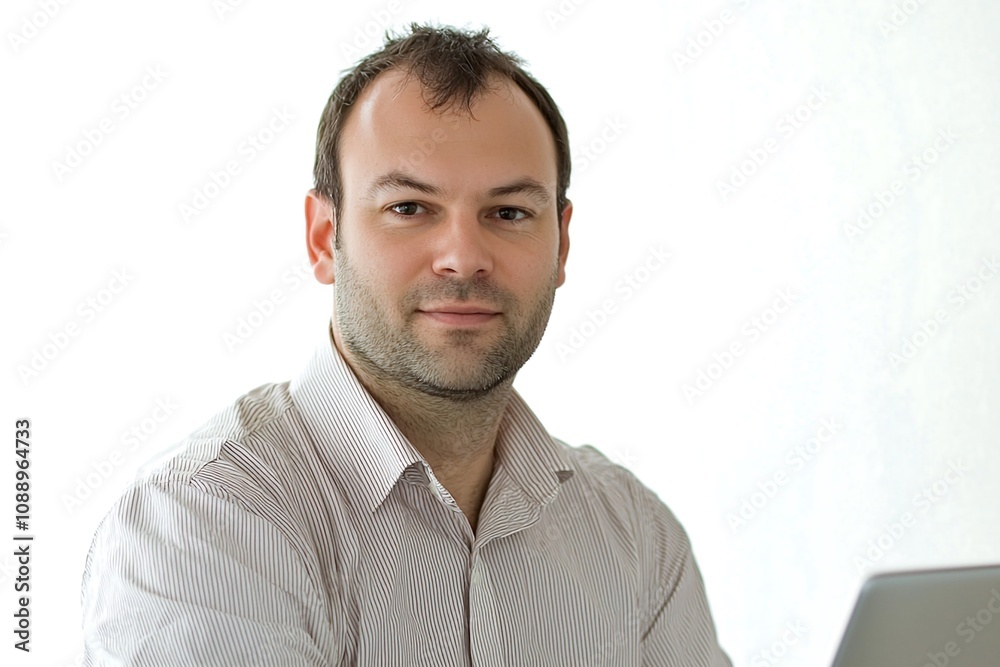 Obraz premium Confident Professional: A portrait of a man in a white shirt, radiating confidence and professionalism. He looks directly at the camera with a calm and composed expression.