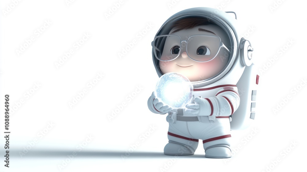 A cute child in a space suit holds a glowing orb, symbolizing exploration and curiosity. A cute child in a space suit holds a glowing orb, symbolizing exploration and curiosity.