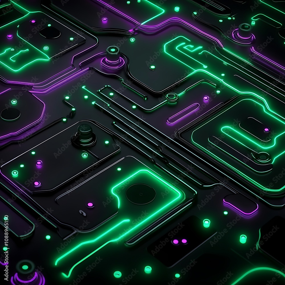 Abstract Close-up of a Futuristic Circuit Board Design with Neon Green and Purple Lights on a Dark Background, Perfect for Technology and Science Concepts Abstract Close-up of a Futuristic Circuit Board Design with Neon Green and Purple Lights on a Dark Background, Perfect for Technology and Science Concepts