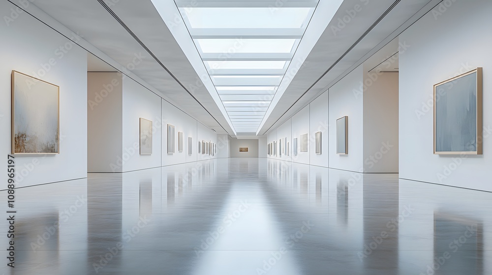 Contemporary art gallery space with minimalist white walls, natural skylight illumination, polished concrete floors, and professional museum-quality lighting design.