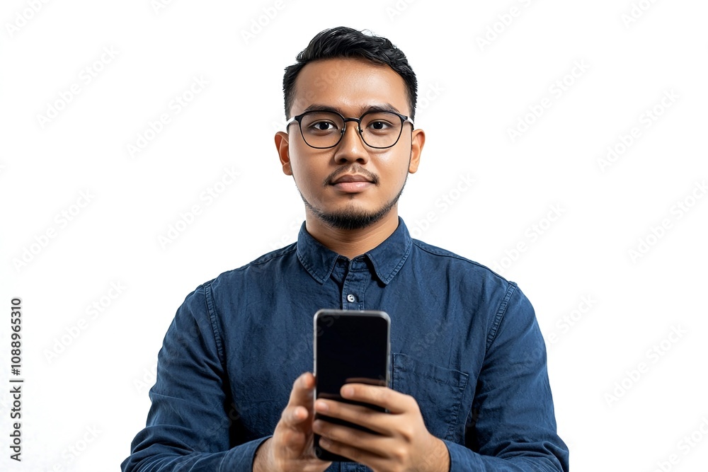 Confident Man with Smartphone: Portrait of a young Asian man in glasses, holding a smartphone. He exudes confidence and professionalism. Confident Man with Smartphone: Portrait of a young Asian man in glasses, holding a smartphone. He exudes confidence and professionalism.