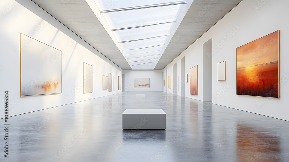 Contemporary art gallery space with minimalist white walls, natural skylight illumination, polished concrete floors, and professional museum-quality lighting design. Contemporary art gallery space with minimalist white walls, natural skylight illumination, polished concrete floors, and professional museum-quality lighting design.