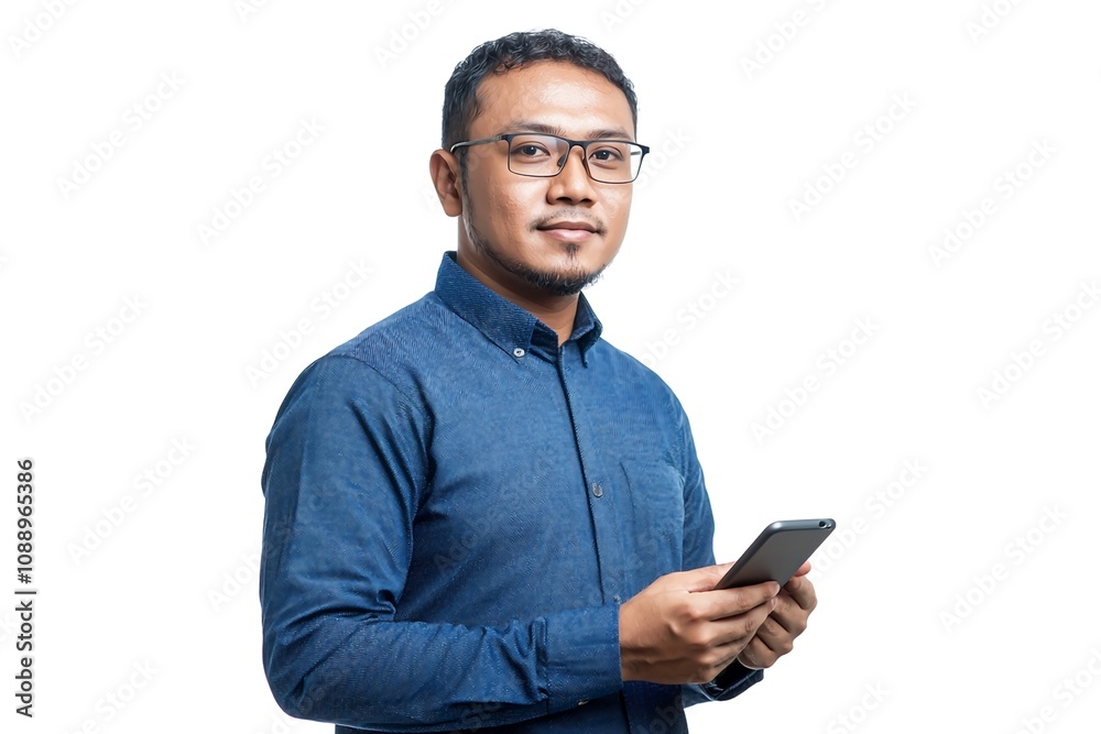 Confident Professional: A young man with a friendly face and a confident gaze, holding a smartphone, dressed in a blue shirt and eyeglasses, conveys professionalism and digital engagement. Confident Professional: A young man with a friendly face and a confident gaze, holding a smartphone, dressed in a blue shirt and eyeglasses, conveys professionalism and digital engagement.