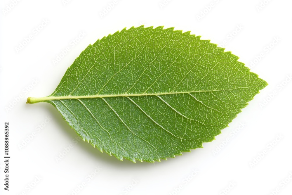 Obraz premium Fresh green leaf from a deciduous tree showcasing detailed texture and vibrant color against a white background