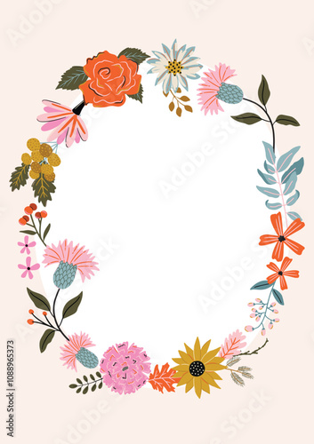 Vector background Round Frame with colorful hand-drawn abstract flower illustration. Template for social media posts, banner, card design, invitation etc.