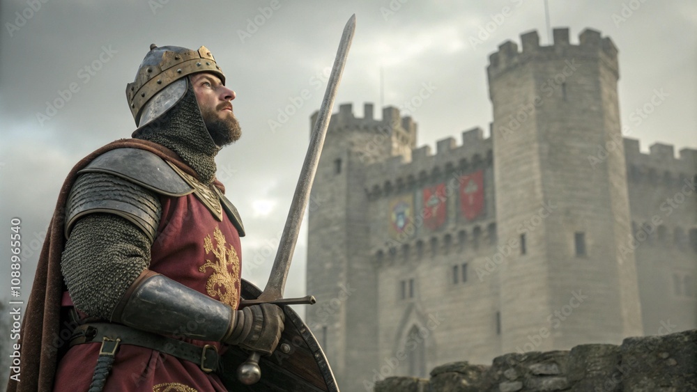 Obraz premium A medieval image of William the Conqueror, dressed in armor, holding a sword, with a medieval castle in the background
