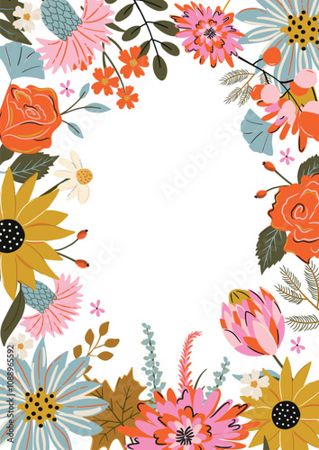 Flower design rectangle Frame Template for notecards, notepads, invites, greeting card, ad banners, diary cover, poster. Vibrant cottagecore floral botanical illustration ready to print border card.