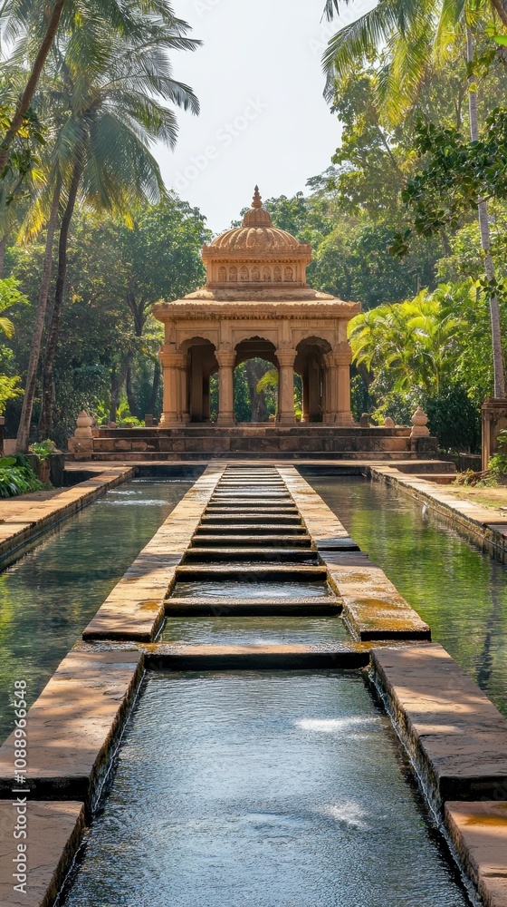A peaceful holy water pool boosts serenity, framed by lush greenery and welcoming paths A peaceful holy water pool boosts serenity, framed by lush greenery and welcoming paths
