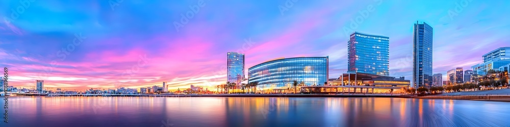 Naklejka premium A vibrant cityscape of California at dusk, showcasing the iconic landmark with high-rise buildings . The sky is painted with hues of blue and purple as the sun sets behind them, casting long shadows