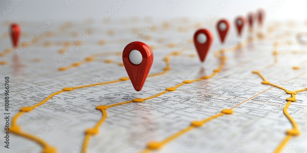Close-Up of Red Location Pins on a Detailed Map with Yellow Routes and City Names Highlighted in Focus Close-Up of Red Location Pins on a Detailed Map with Yellow Routes and City Names Highlighted in Focus