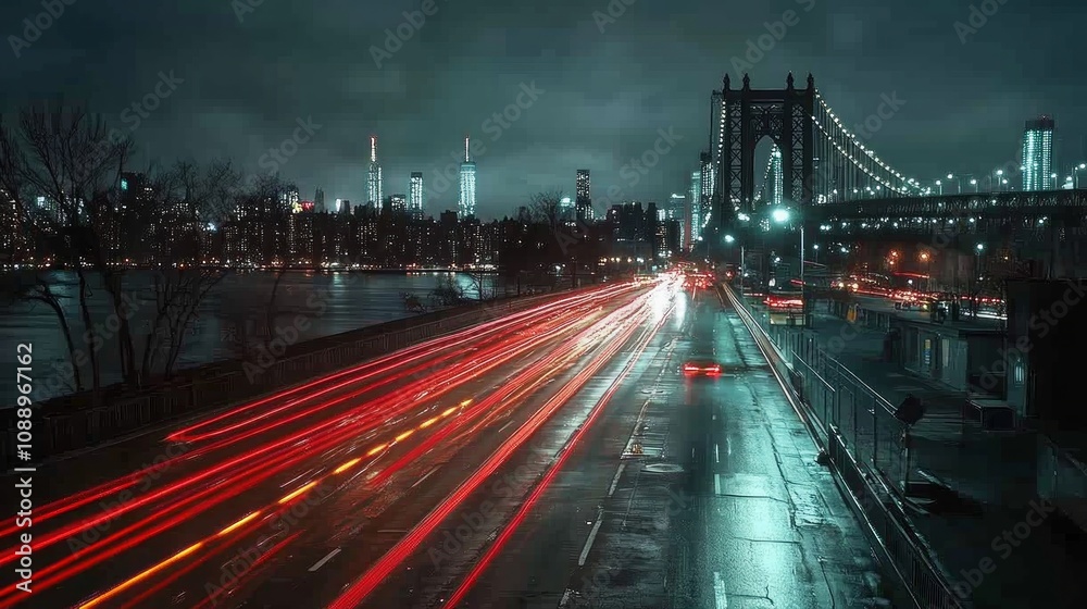 Night cityscape with bridge, traffic light trails, and city skyline. Night cityscape with bridge, traffic light trails, and city skyline.