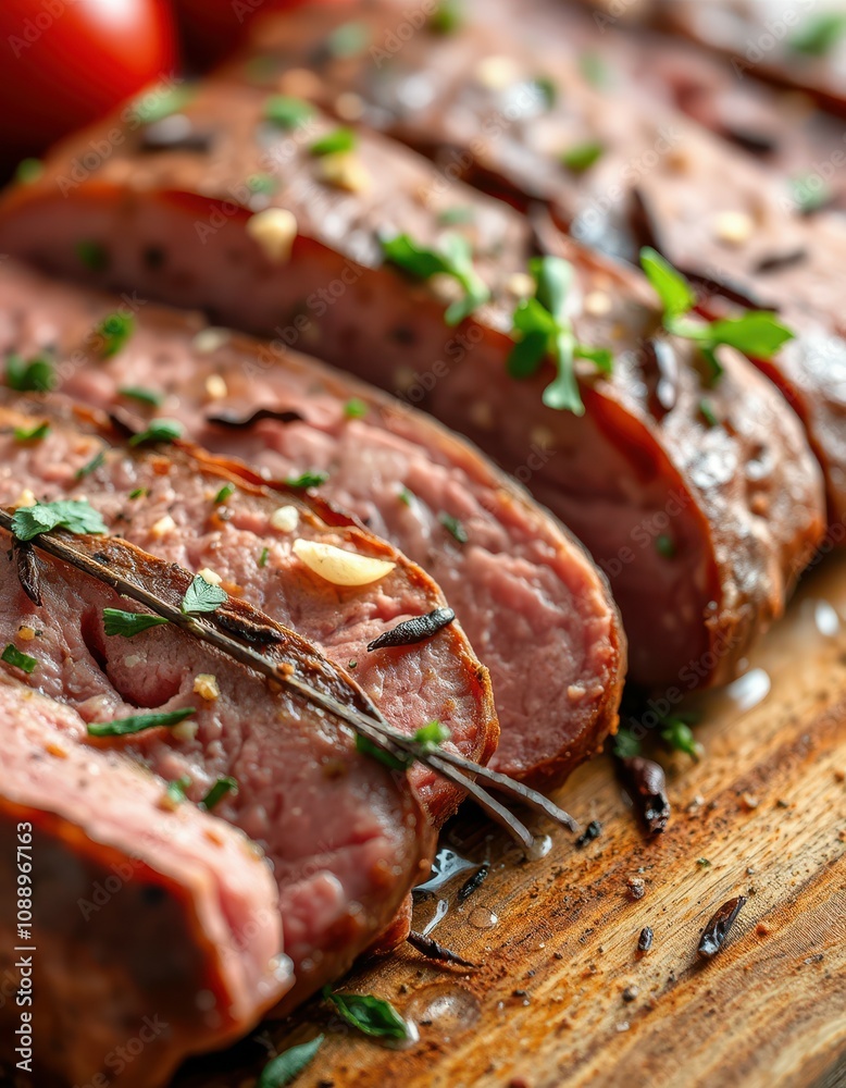Sliced roast garnished with herbs rests on a wooden board Sliced roast garnished with herbs rests on a wooden board