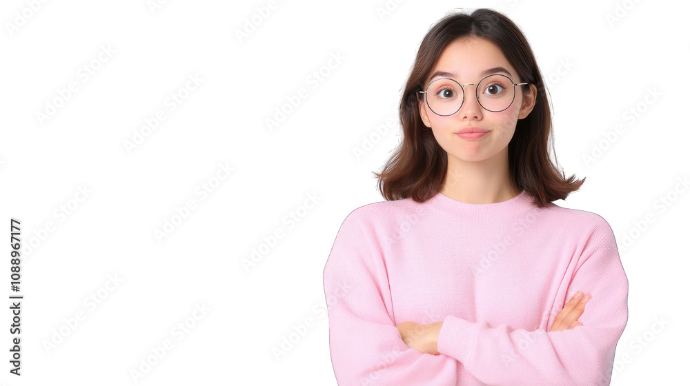A young woman with glasses crossing her arms, looking thoughtful. Transparent background. A young woman with glasses crossing her arms, looking thoughtful. Transparent background.