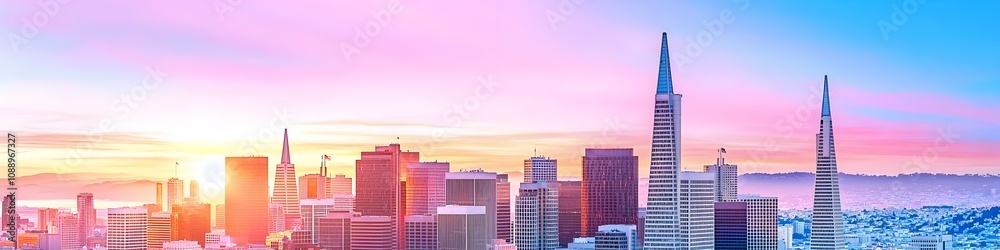 Fototapeta premium A vibrant cityscape of California at dusk, showcasing the iconic landmark with high-rise buildings . The sky is painted with hues of blue and purple as the sun sets behind them, casting long shadows