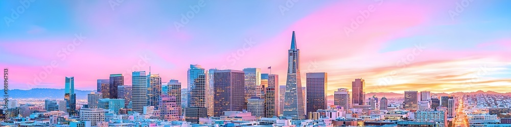 Fototapeta premium A vibrant cityscape of California at dusk, showcasing the iconic landmark with high-rise buildings . The sky is painted with hues of blue and purple as the sun sets behind them, casting long shadows