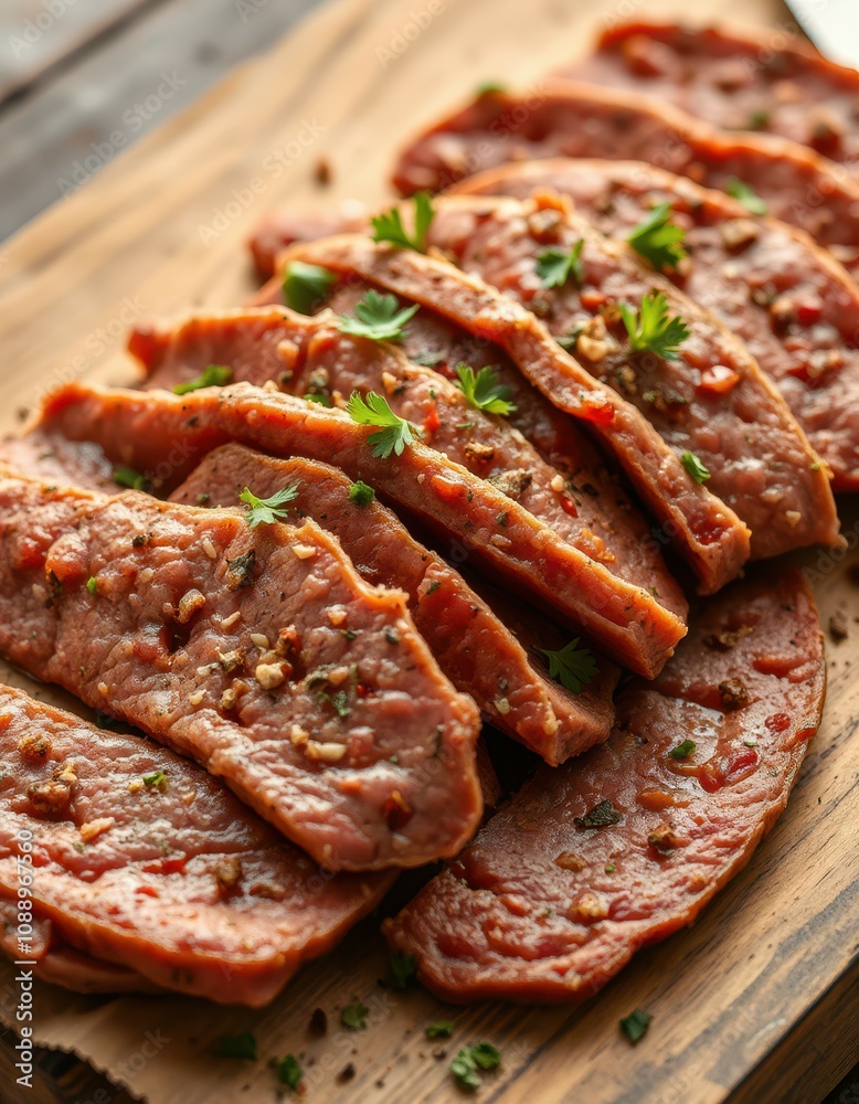 Sliced seasoned meat rests on a wooden board garnished with fresh parsley Sliced seasoned meat rests on a wooden board garnished with fresh parsley