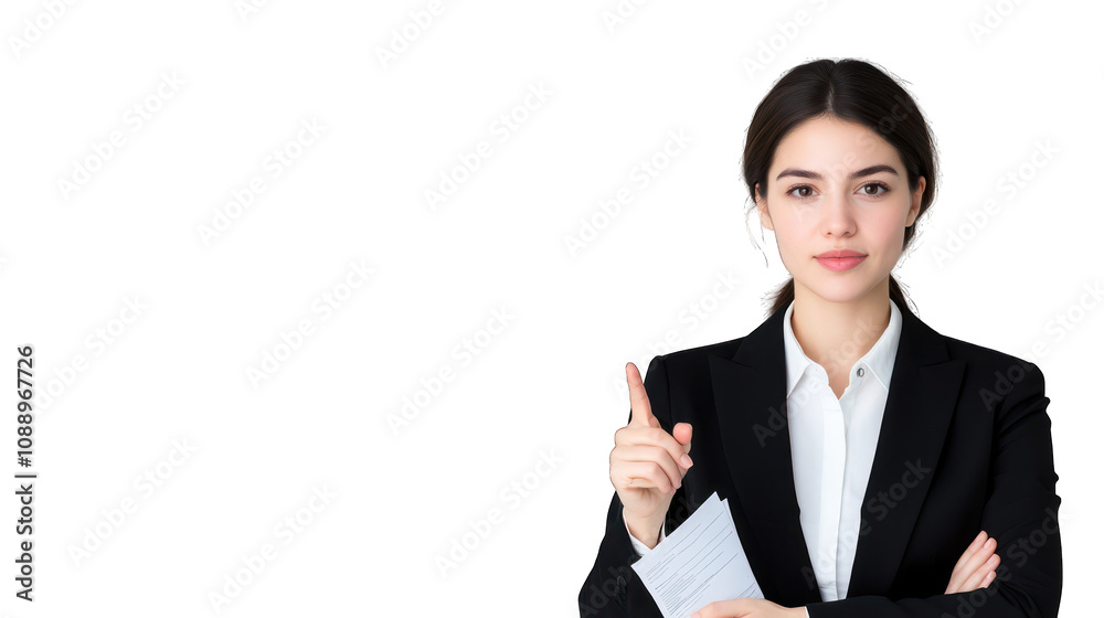 A professional woman in a suit gestures while holding documents. Transparent background. A professional woman in a suit gestures while holding documents. Transparent background.