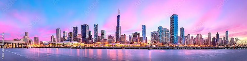 Obraz premium A vibrant cityscape of California at dusk, showcasing the iconic landmark with high-rise buildings . The sky is painted with hues of blue and purple as the sun sets behind them, casting long shadows