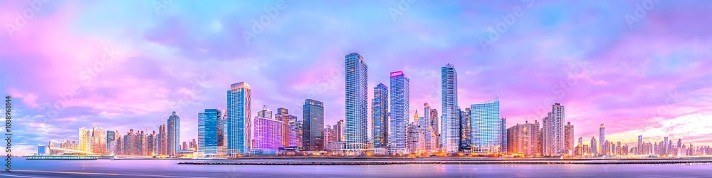 A vibrant cityscape of New York at dusk, showcasing the iconic landmark with high-rise buildings . The sky is painted with hues of blue and purple as the sun sets behind them, casting long shadows on A vibrant cityscape of New York at dusk, showcasing the iconic landmark with high-rise buildings . The sky is painted with hues of blue and purple as the sun sets behind them, casting long shadows on