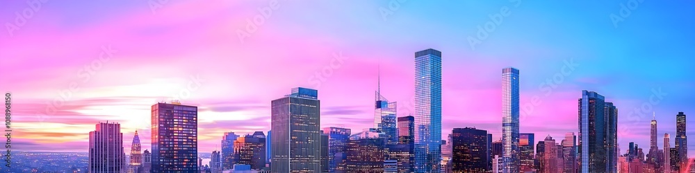 Fototapeta premium A vibrant cityscape of New York at dusk, showcasing the iconic landmark with high-rise buildings . The sky is painted with hues of blue and purple as the sun sets behind them, casting long shadows on