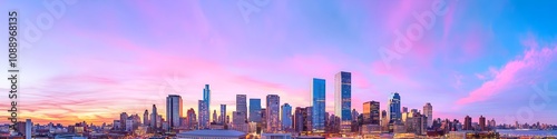 A vibrant cityscape of New York at dusk, showcasing the iconic landmark with high-rise buildings . The sky is painted with hues of blue and purple as the sun sets behind them, casting long shadows on