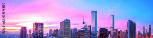 A vibrant cityscape of New York at dusk, showcasing the iconic landmark with high-rise buildings . The sky is painted with hues of blue and purple as the sun sets behind them, casting long shadows on