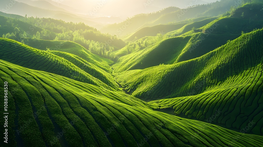 Aerial view of rolling green tea plantation terraces showing gradient shades and undulating patterns, captured in morning light with misty atmospheric conditions. Aerial view of rolling green tea plantation terraces showing gradient shades and undulating patterns, captured in morning light with misty atmospheric conditions.