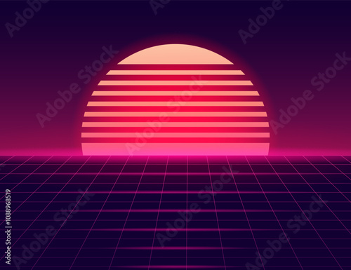 Fashionable retro background 80s, 90s with laser grid. Neon abstract futuristic sunset. Vector illustration