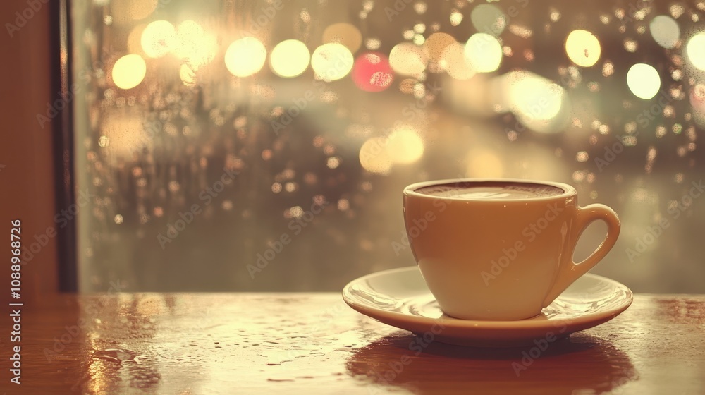 Warm coffee on rainy night windowsill. Warm coffee on rainy night windowsill.
