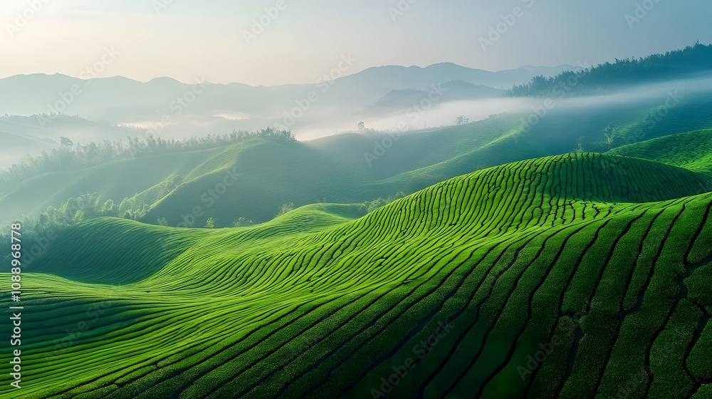 Aerial view of rolling green tea plantation terraces showing gradient shades and undulating patterns, captured in morning light with misty atmospheric conditions. Aerial view of rolling green tea plantation terraces showing gradient shades and undulating patterns, captured in morning light with misty atmospheric conditions.