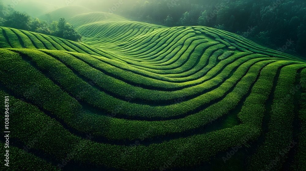 Fototapeta premium Aerial&nbsp;view of rolling green tea plantation terraces showing gradient shades and undulating patterns, captured in morning light with misty atmospheric&nbsp;conditions.
