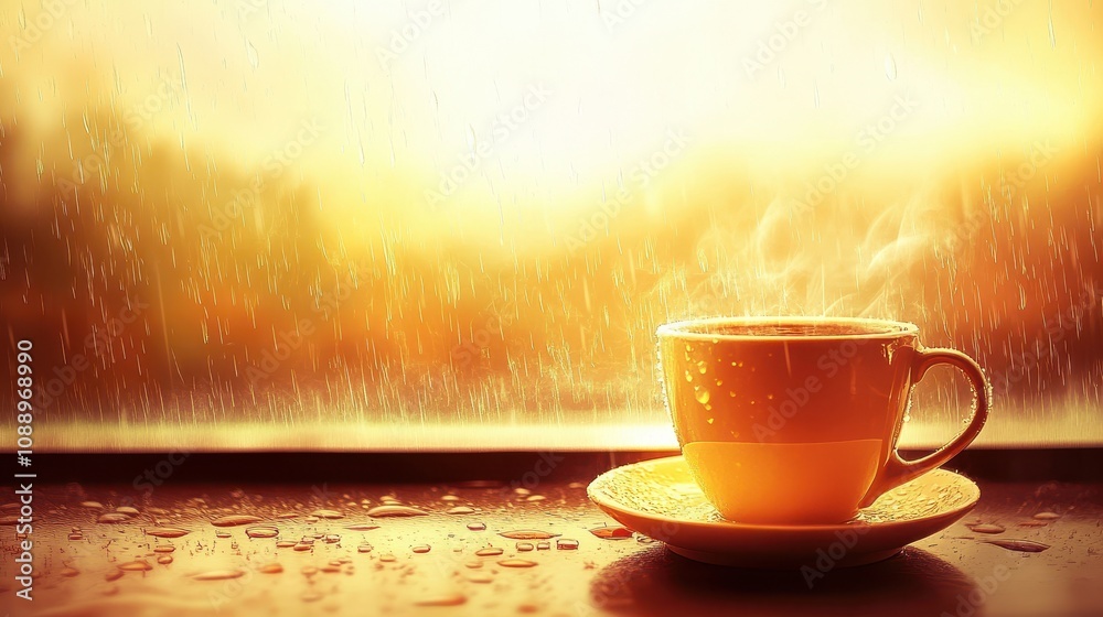 Obraz premium Warm drink steaming on windowsill during rain.