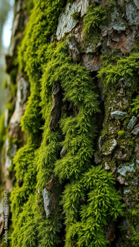 Lush green moss thrives on a tree trunk in a Pacific Northwest forest during springtime