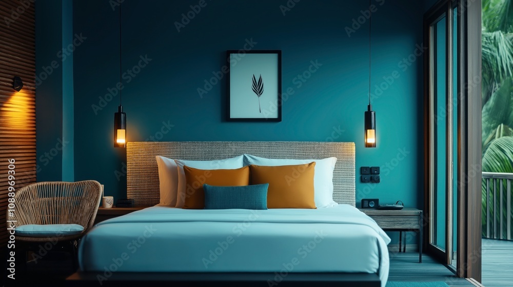 custom made wallpaper toronto digitalModern bedroom interior with teal walls and a large bed adorned with orange and teal cushions. Natural light streams through an open sliding door, revealing lush green foliage outside.