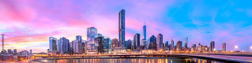 Obraz premium A vibrant cityscape of New York at dusk, showcasing the iconic landmark with high-rise buildings . The sky is painted with hues of blue and purple as the sun sets behind them, casting long shadows on