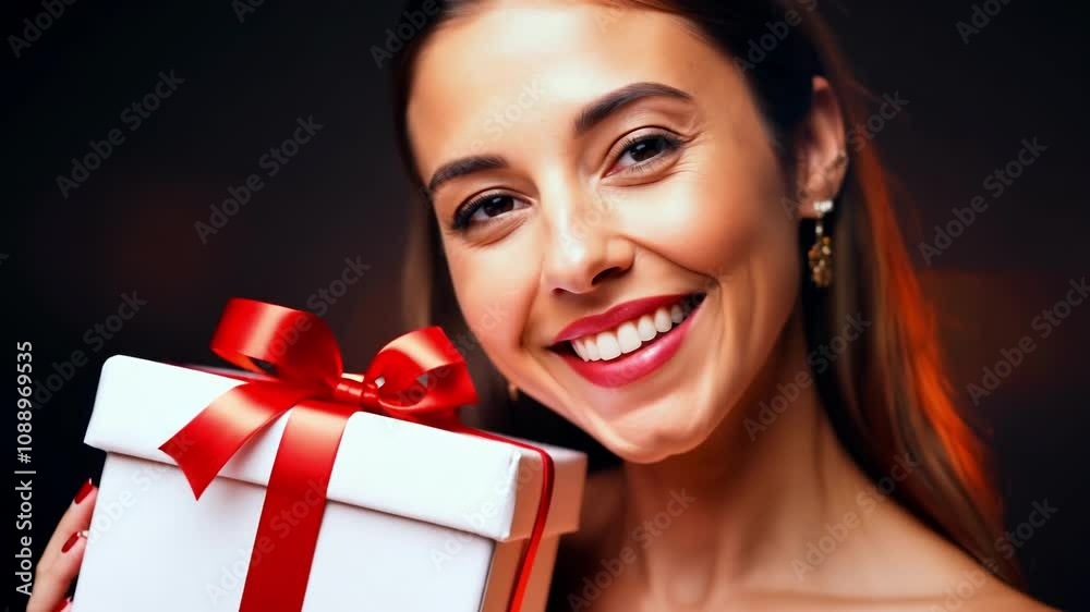 A cheerful woman holding a gift box with a big red bow smiles warmly in a well-lit setting, evoking feelings of joy and celebration. Ideal for holiday themes. A cheerful woman holding a gift box with a big red bow smiles warmly in a well-lit setting, evoking feelings of joy and celebration. Ideal for holiday themes.