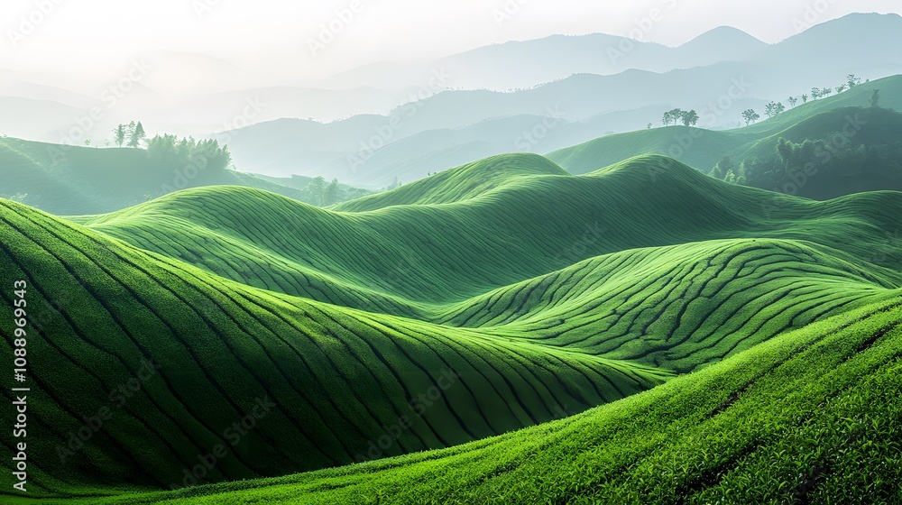 Aerial view of rolling green tea plantation terraces showing gradient shades and undulating patterns, captured in morning light with misty atmospheric conditions. Aerial view of rolling green tea plantation terraces showing gradient shades and undulating patterns, captured in morning light with misty atmospheric conditions.