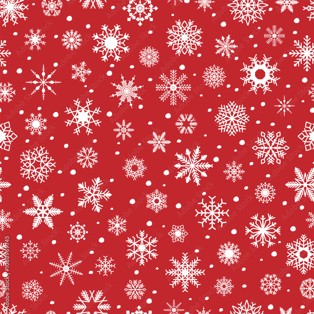 White snowflakes, snow, on a Christmas red background, winter, seamless pattern, illustration, vector White snowflakes, snow, on a Christmas red background, winter, seamless pattern, illustration, vector