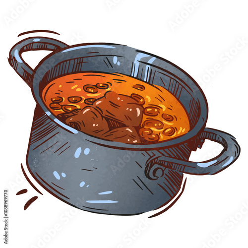 Warm and hearty stew simmering in a metal pot on a cozy kitchen stove during a chilly evening