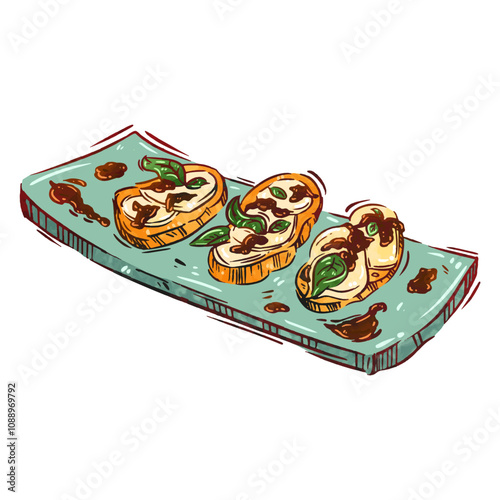 Delicious bruschetta with fresh basil and balsamic glaze served on a decorative plate