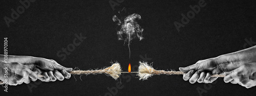 Photos Hands in Black and White Pulling Burning Frayed Rope to Opposite Sides at Breaki