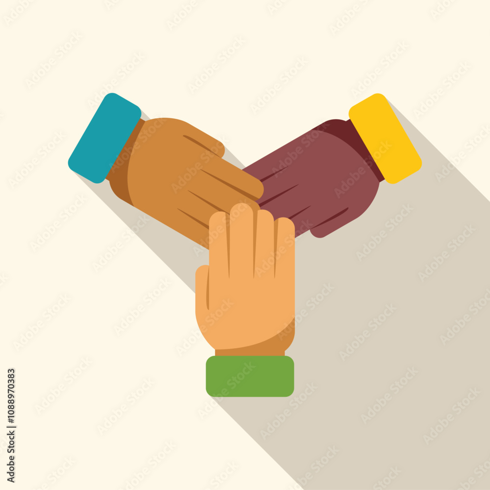 Three hands joining together symbolizing teamwork, collaboration, and unity in a flat design style Three hands joining together symbolizing teamwork, collaboration, and unity in a flat design style