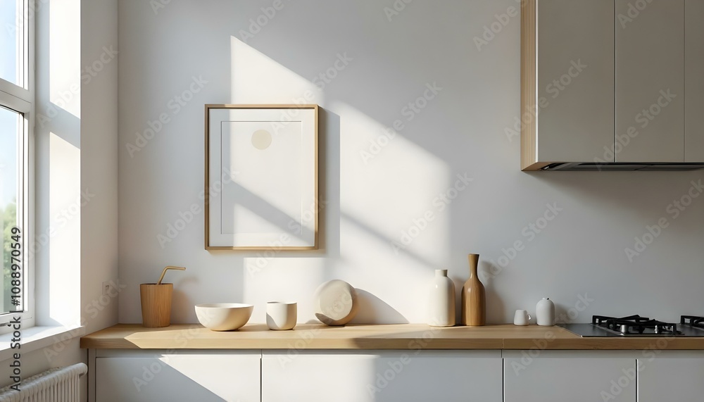 A minimalist kitchen interior with a wooden countertop, white cabinets, and framed artwork on the wall. A minimalist kitchen interior with a wooden countertop, white cabinets, and framed artwork on the wall.