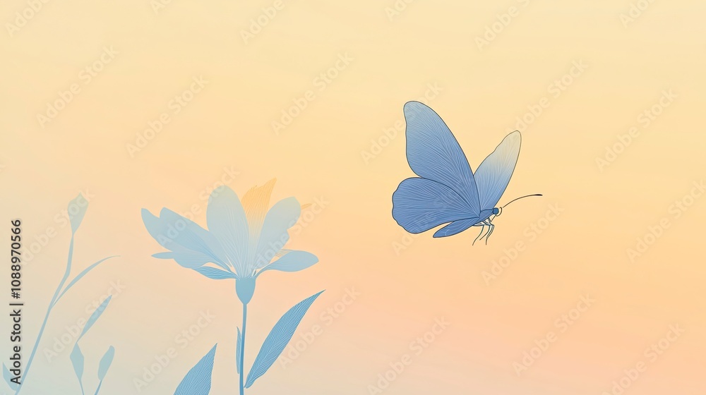 Obraz premium A minimalist depiction of a butterfly, lightly colored in soft blues and yellows, flying near a delicate, lightly outlined flower.,generative ai