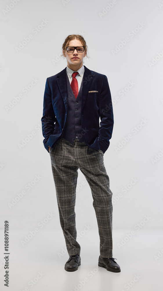 Full-length portrait of confident young man wearing classical suit, navy velvet blazer paired with red tie and gray checkered trousers, posing on white background. Fashion, elegant style, ad concept Full-length portrait of confident young man wearing classical suit, navy velvet blazer paired with red tie and gray checkered trousers, posing on white background. Fashion, elegant style, ad concept